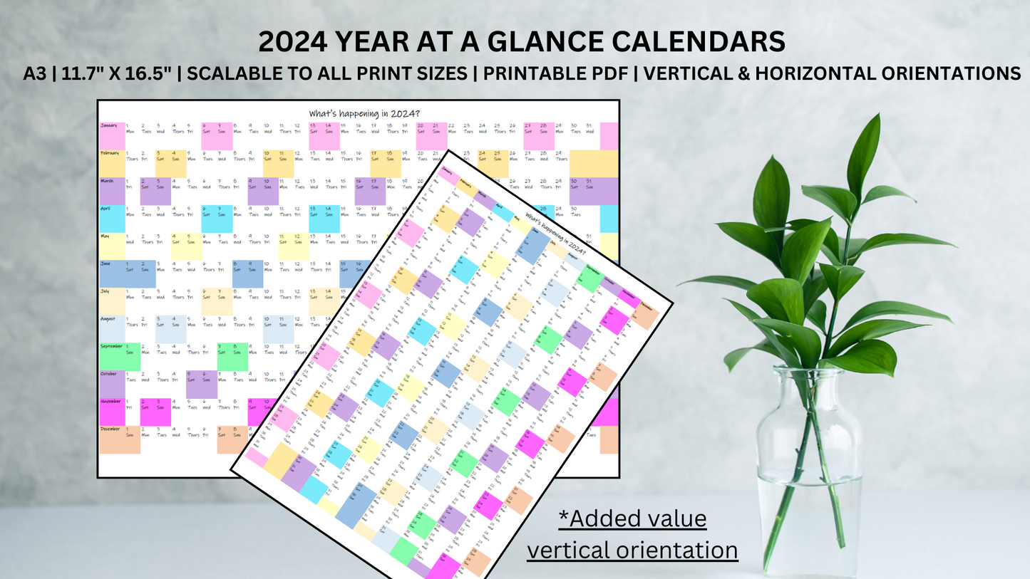 2024 Year at a glance calendars - A3, 11.7" x 16.5", Scalable to all print sizes, Printable pdf, vertical and horizontal orientations. Wall calendar presented on a grey wall next to a vase with water and green foliage.