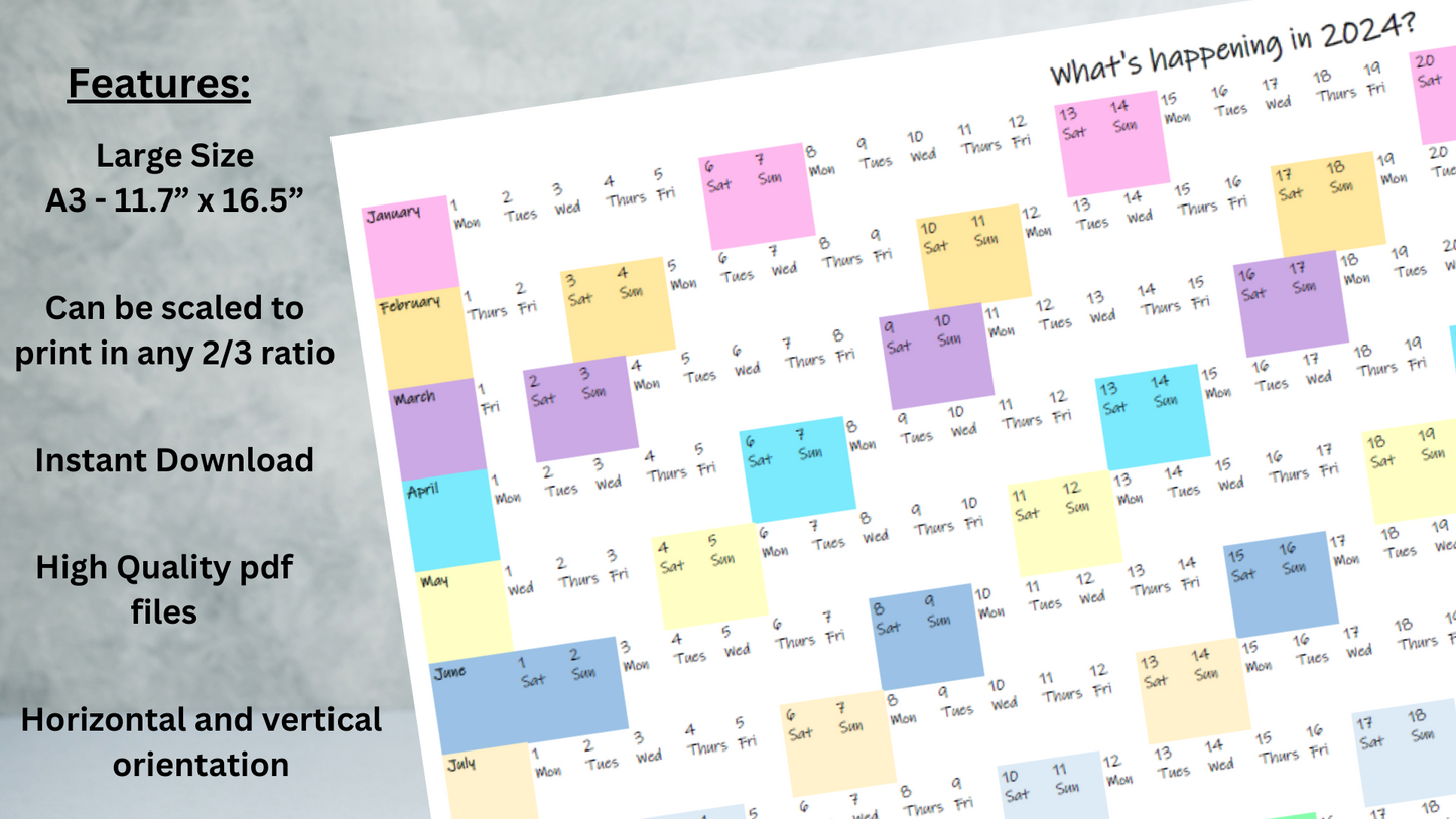 Horizontal orientation 2024 wall calendar in pastel rainbow colours shaded for all weekend dates. Features listing outlining large size A3. Printable and scalable to 2/3 ratio print sizes. Instant Download, High quality pdf files in horizontal and vertical orientation.
