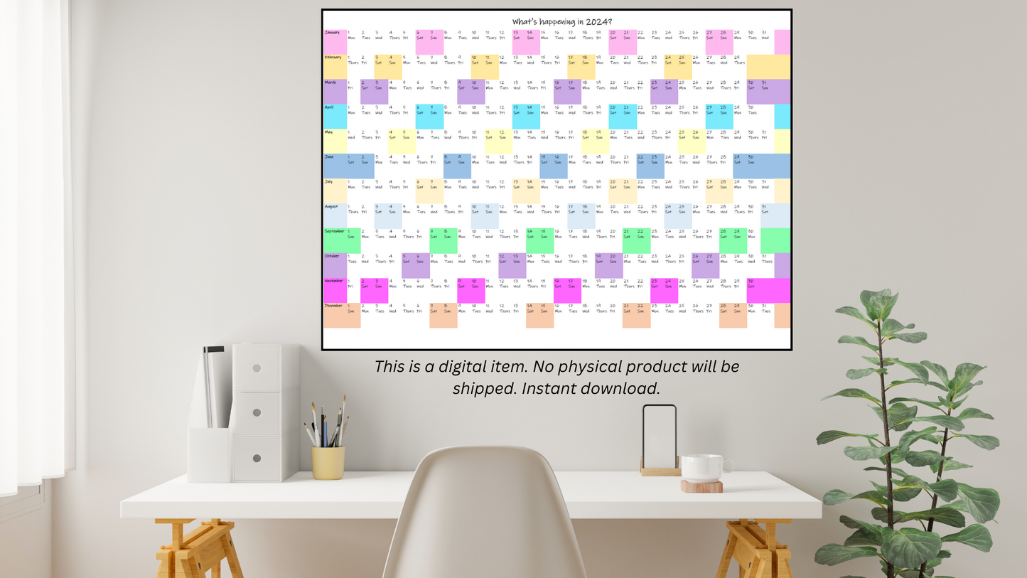Horizontal orientation 2024 wall calendar in pastel rainbow colours shaded for all weekend dates. Framed 2024 wall calendar presented on the wall above a desk.