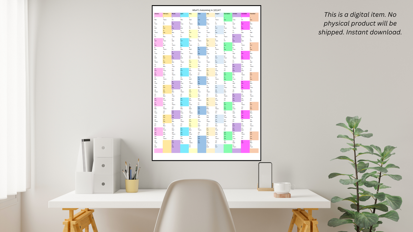 Vertical orientation 2024 wall calendar in pastel rainbow colours shaded for all weekend dates. Framed 2024 wall calendar presented on the wall above a desk.