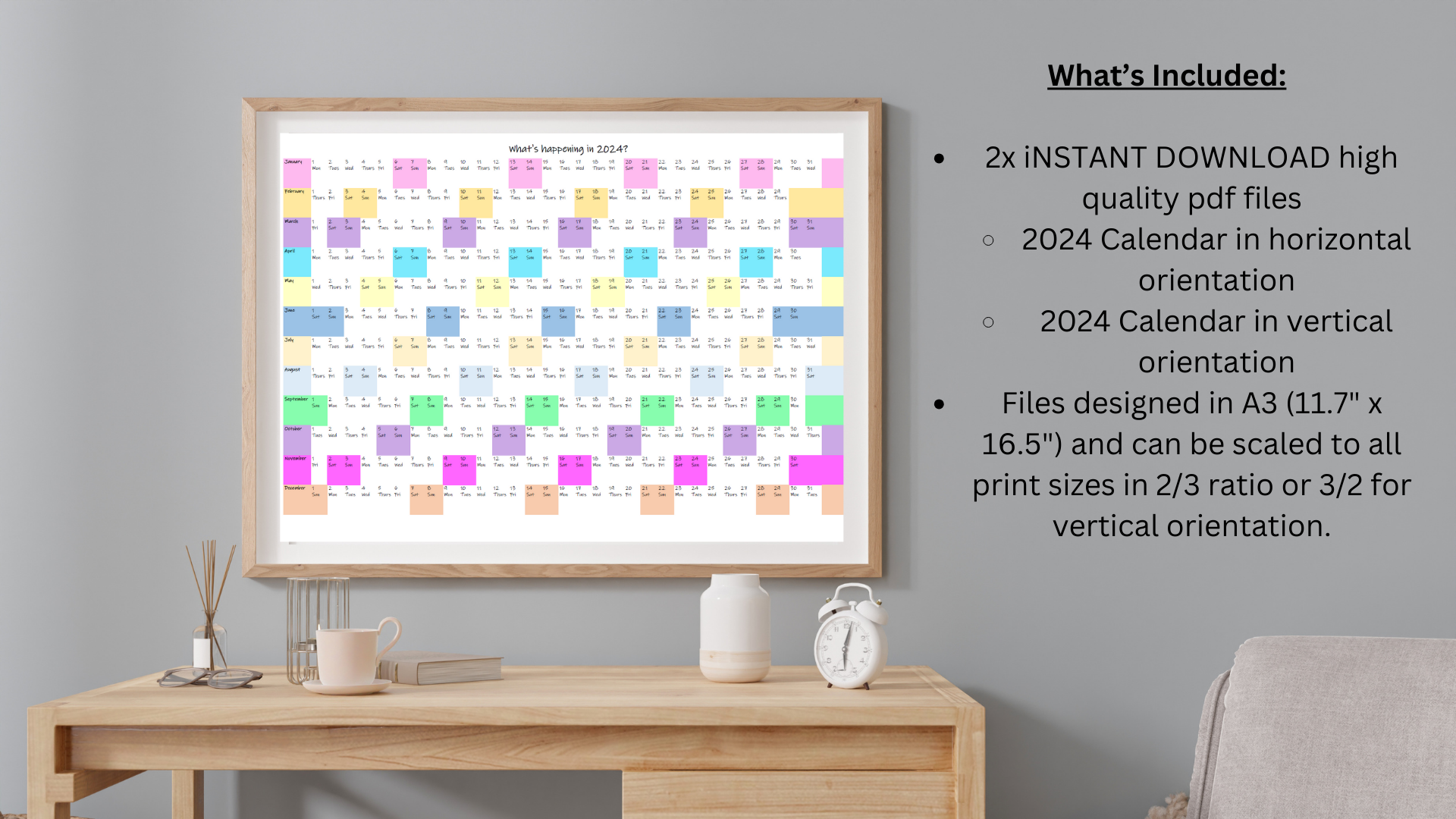 2024 Wall Calendar year at a glance framed over a desk in pastel rainbow colours. Instant download 2024 Calendar in horizontal and vertical orientations. A3 sizing scalable to any print size.