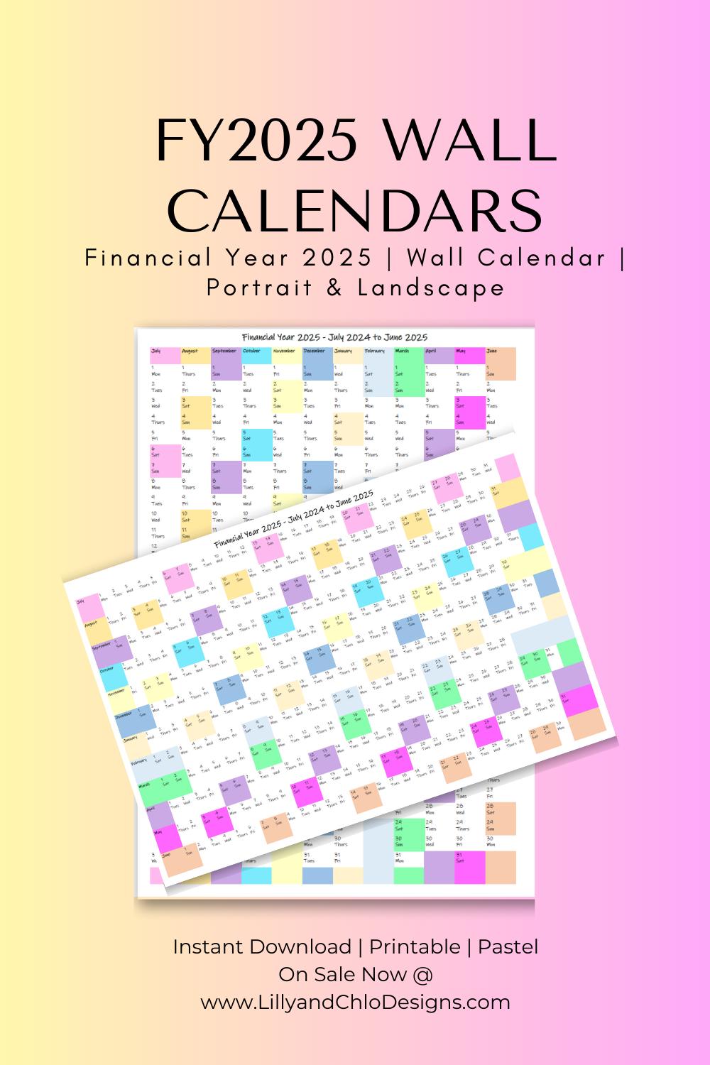 FY 2025 Printable Wall Calendar & Planner in Pastel (Landscape and Por