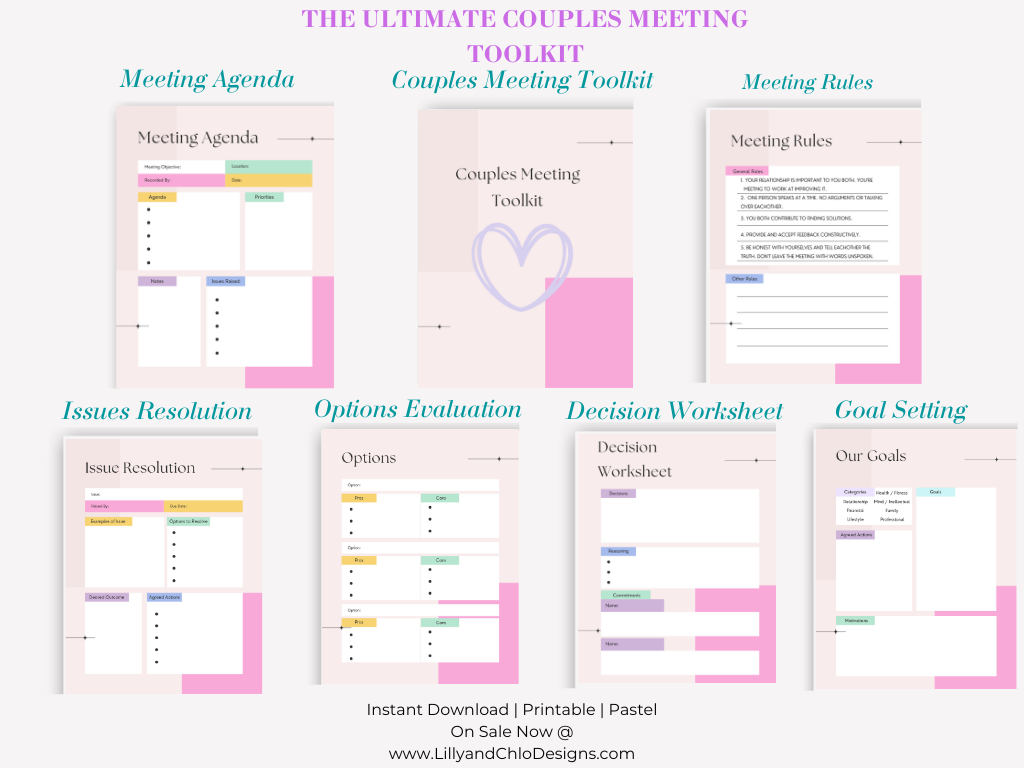 Meeting Agenda, Couples Meeting Toolkit, Meeting Rules, Issues Resolution, Options Evaluation, Decision Worksheet and Relationship Goal Setting Templates