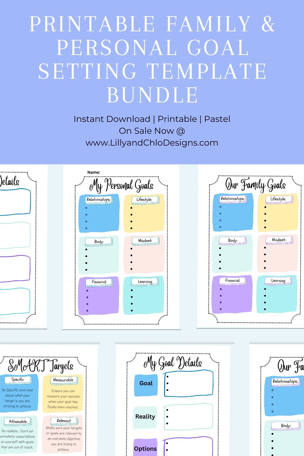 Printable family and personal goal setting template bundle, instant download, printable, pastel, on sale now. Snap shots of the our family and my personal goal setting worksheets, SMART targets guidance notes and My goal details using the GROW model.