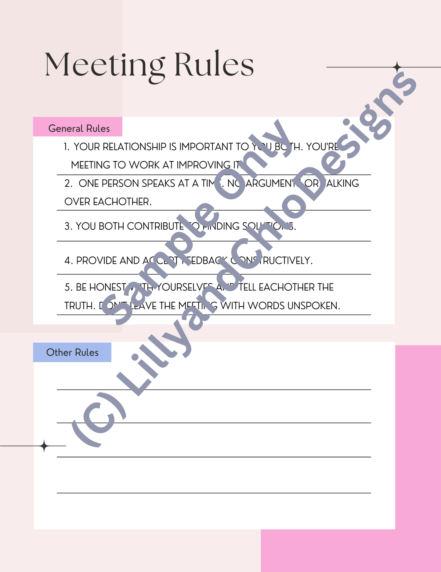 Couples Meeting Rules, Marriage Meeting Rules, Relationship Improvement Meeting. General and Other Rules. Editable printable pdf.