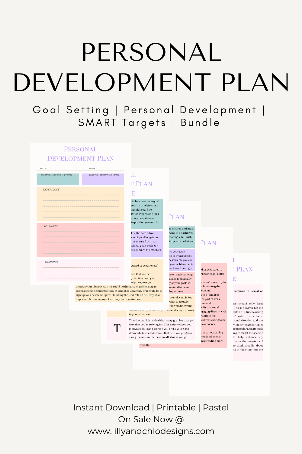 Personal Development Plan - Goal Setting, Personal Development, SMART Targets, Bundle. Image shows a cascade of screenshots of the personal development plan template along with the guidance notes for planning. Instant Download, Printable, Pastel, On sale now at www.lillyandchlodesigns.com