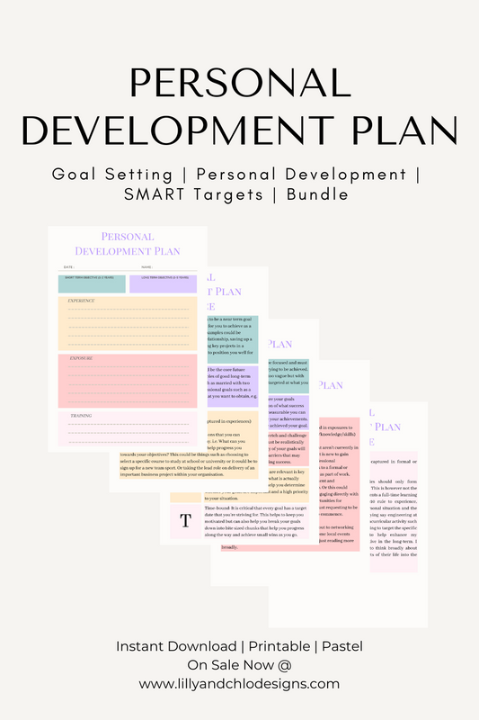 Personal Development Plan - Goal Setting, Personal Development, SMART Targets, Bundle. Image shows a cascade of screenshots of the personal development plan template along with the guidance notes for planning. Instant Download, Printable, Pastel, On sale now at www.lillyandchlodesigns.com