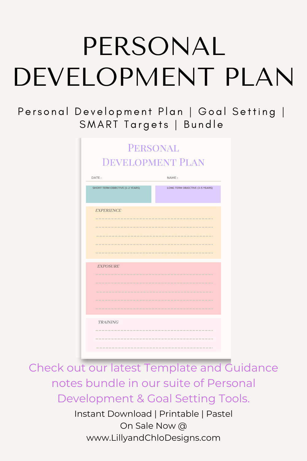 Personal Development Plan - Goal Setting, Personal Development, SMART Targets, Bundle. Image shows a screenshot of the personal development plan template. Instant Download, Printable, Pastel, On sale now at www.lillyandchlodesigns.com